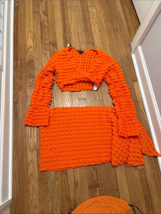 PrettyLittleThing Other - PrettyLittleThing Bright Orange Textured Two-Piece Swim Coverup Set